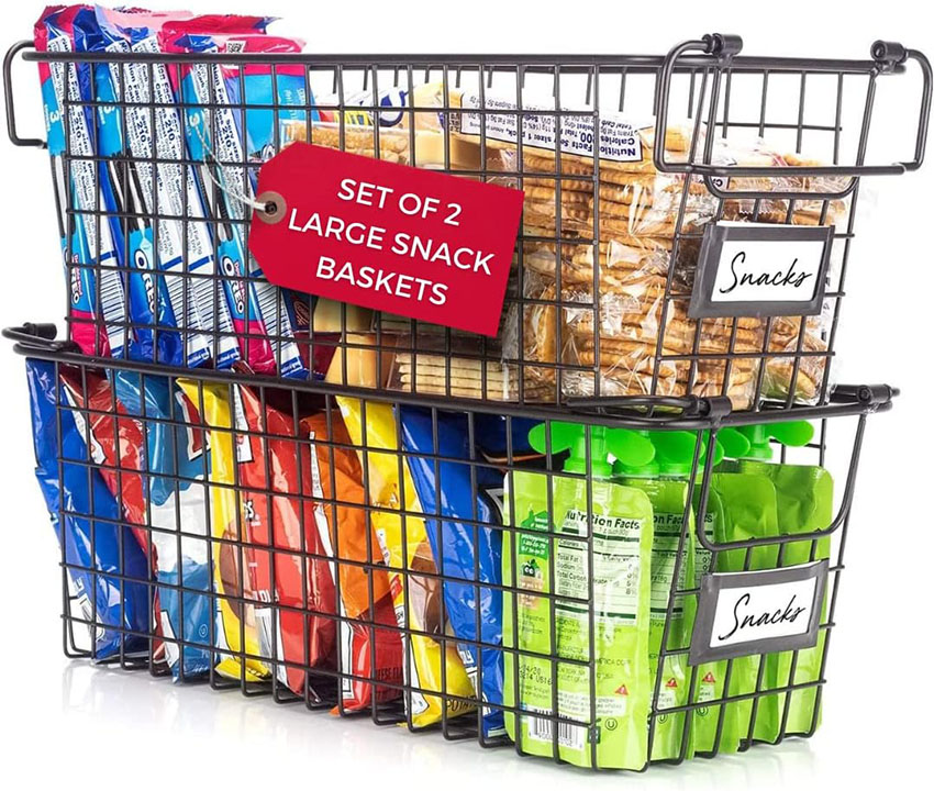 black mesh baskets with snacks in them