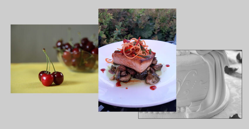 food photographs, bowl of cherries, fish, detail of wedding cake
