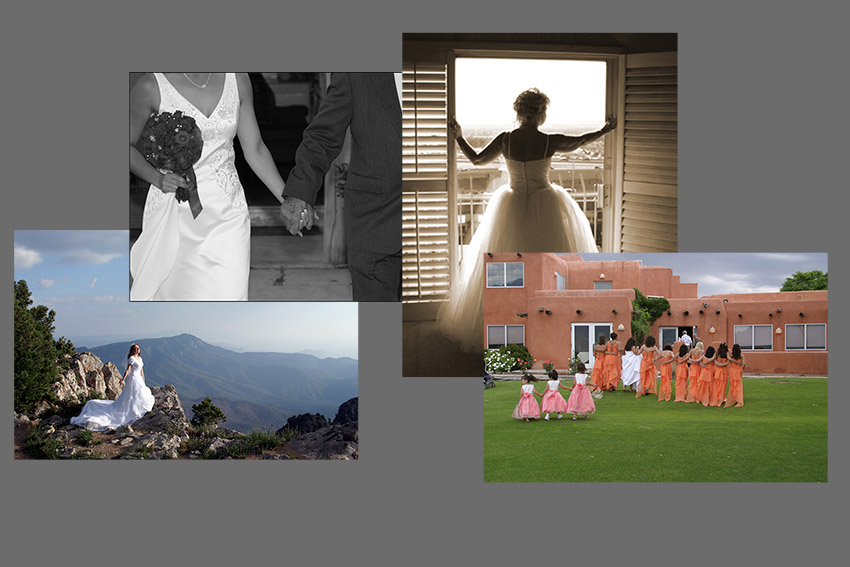 images from weddings--bride on a mountain, bride silhoutted in doorway, wedding party walking away, bride and groom holding hands
